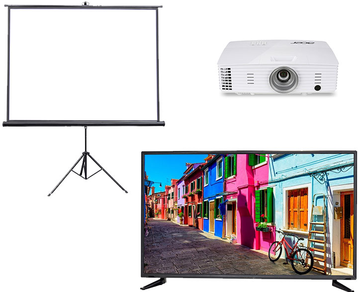 Professional Visuals pack for hire by sound-hire.ie in Dublin, Ireland - Projector screen plus projector and Samsung Led 50 inch TV