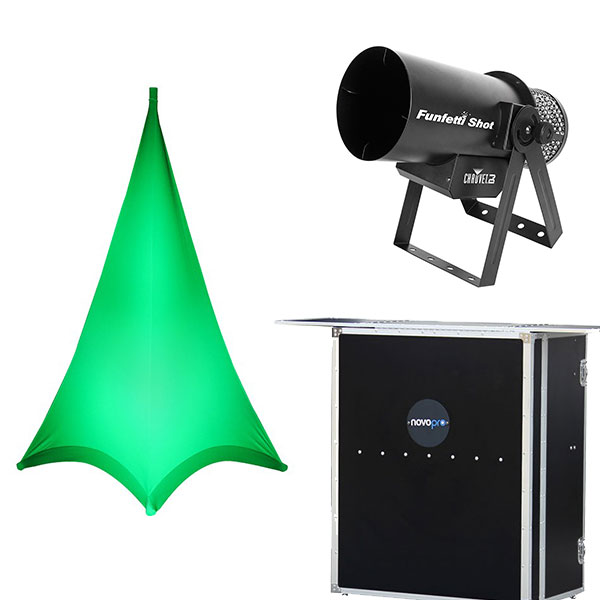 Novopro Portable Djbooth, Vulcano, Chauvet + Freedom stick of 4, Battery operated with Bluetooth remote Chauvet confetti cannons, Double-sided speaker stand scrim